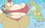 2022 anthro aquatic big_breasts bikini bikini_bottom bikini_top black_hair breasts bubble bulge canid canine canis clothing coyote curvy_figure digital_media_(artwork) duo female fin fish fur green_body hair huge_breasts huge_thighs hyper hyper_breasts june_coyote lips male mammal multicolored_body multicolored_fur muscular muscular_anthro muscular_male navel swimming_pool swimming_trunks swimwear tan_body tan_fur thick_thighs two-piece_swimsuit two_tone_body two_tone_fur underwater virus-20 voluptuous_anthro voluptuous_female water wide_hips