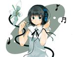  beamed_sixteenth_notes black_hair blue_dress blue_eyes blush densou_(kinnikuhunter) dress eighth_note headphones looking_at_viewer musical_note original quarter_note short_hair short_sleeves simple_background solo upper_body white_background 