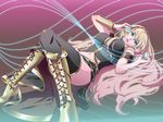  aqua_eyes bad_id bad_pixiv_id bare_shoulders black_skirt blue_nails boots breasts headphones knee_boots large_breasts lipstick long_hair long_skirt lying makeup megurine_luka midriff nail_polish side_slit skirt solo thighhighs very_long_hair vocaloid xpizzeriax 
