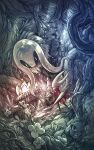 2_horns ambiguous_gender arthropod biped black_body cloak clothed clothing detailed_background duo_focus empty_eyes feral flower greyroot group hi_res holding_melee_weapon holding_object holding_weapon hollow_knight:_silksong hollow_knight_(franchise) horn hornet_(hollow_knight) looking_at_another melee_weapon plant red_cloak red_clothing signature sinsin standing team_cherry vines weapon weapon_on_back wings