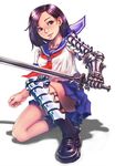  armor gauntlets inomoto_hiro original purple_hair school_uniform short_hair skirt socks solo squatting sword weapon 