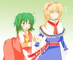  2girls alice_margatroid arm_grab ascot bent_over blonde_hair blush chestnut_mouth gradient gradient_background green_eyes green_hair hairband kazami_yuuka matsushita_yuu multiple_girls ribbon short_hair touhou vest yellow_eyes 