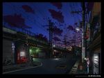  1girl breath cloud ground_vehicle motor_vehicle perspective piumu power_lines road scenery scooter sign sky star_(sky) starry_sky street town twilight vanishing_point vending_machine 