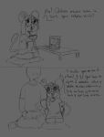 anthro buckteeth clothing comic computer dialogue duo electronics eye_contact eyewear female furniture glasses hair hi_res human kneeling laptop long_hair looking_at_another male mamasoyanini mammal messy_hair monochrome mouse mouse_tail murid murine pillow rodent sitting sitting_on_another size_difference sketch speech_bubble table teeth text translated