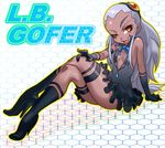  bare_shoulders boro character_name cleavage_cutout crossed_legs dark_skin flat_chest forehead gloves grey_hair high_heels l.b._gofer long_hair looking_at_viewer naughty_face orange_eyes otomedius shoes sitting skirt solo stiletto_heels thigh_strap 