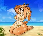 8dop8 anthro areola beach betty_(8dop8) big_breasts bikini bikini_bottom bikini_top bird_dog breasts brown_body brown_hair canid canine canis clothing cloud cocker_spaniel curvy_figure deer domestic_dog female freckled_face freckled_legs freckled_thighs freckles fur gold_bikini golden_week hair hi_res hooves huge_breasts huge_hips hunting_dog hybrid looking_at_viewer mammal navel palm_leaves sea sky skyscape solo spaniel swimwear tail thick_thighs two-piece_swimsuit water wide_hips
