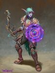 2021 3:4 absurd_res armor blizzard_entertainment bottomwear bow_(weapon) clothing digital_media_(artwork) elf female footwear hair hi_res holding_bow_(weapon) holding_object holding_ranged_weapon holding_weapon hood humanoid humanoid_pointy_ears magic_shield night_elf not_furry pants pauldron plate_armor pointy_ears purple_hair ranged_weapon simple_background solo standing vanharmontt warcraft weapon