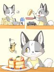 2024 3:4 ambiguous_gender anthro appliance apron apron_only black_nose blush bodily_fluids bottle brown_body brown_fur cake canid canine clothing container cooking cookware countershading cute_fangs cutlery dessert digital_media_(artwork) dipstick_tail duo english_text eyes_closed fangs food fork fox fruit fur fusau gloves_(marking) grey_body grey_fur hi_res inner_ear_fluff japanese_text kitchen_appliance kitchen_utensils leg_markings mammal markings micro mostly_nude multicolored_body multicolored_fur multicolored_tail musical_note musical_symbol one_eye_closed open_mouth orange_body pancake plant plate semi-anthro simple_background size_difference smile strawberry sweat sweatdrop symbol tail tail_markings teeth text tools tuft white_body white_fur yellow_body yellow_clothing yellow_eyes yellow_fur