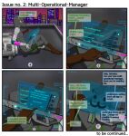 5_fingers absurd_res ambiguous_gender anthro battery battery_life canid canine clothing comic cybernetic_arm cybernetic_eye cybernetic_foot cybernetic_leg cybernetic_limb cybernetics cyberpunk detailed_background dialogue digitigrade discussion english_text feet fingers first_person_view fur greeting grey_clothing gun hair hexagon_background hexagonal_grid hi_res hindpaw holding_object hologram holographic_screen hood humor jumpsuit leg_markings leg_pouch long_snout low_battery machine mammal markings mask multicolored_body multicolored_fur neon_lights neon_sign on_hind_legs paws purple_hair raining ranged_weapon redacted_text rifle salvation_(zk-fur) shaded sigh sign sitting snout solo speech_bubble text visual_humor weapon zk-fur