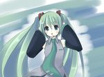  :o aqua_eyes arms_up detached_sleeves green_hair hatsune_miku headset long_hair mikago_kotaro necktie solo twintails vocaloid 