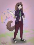 2026 absurd_res anthro bird_dog brown_eyes canid canine canis clothed clothing cocker_spaniel countershading crop_top domestic_dog female flannel haika hi_res hunting_dog mammal musical_note musical_symbol open_mouth open_smile plaid shirt smile solo spaniel standing symbol topwear