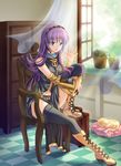  bad_id bad_pixiv_id bare_shoulders blue_eyes boots cat detached_sleeves headset highres knee_boots long_hair megurine_luka pico_(picollector79) purple_hair sitting solo thighhighs tsurime vocaloid waving window 