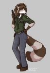 absurd_res anthro belt_buckle bottomwear brown_hair buckle clothing denim denim_bottomwear denim_clothing deputy female green_eyes gun hair hand_on_hip handgun hi_res holding_object holding_weapon holster jeans lady-darkstreak looking_aside mammal pants police police_uniform procyonid raccoon ranged_weapon sheriff_badge solo standing tail uniform weapon