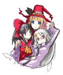  ascot bad_id bad_pixiv_id black_hair blueberry crossover detached_sleeves food fruit hakurei_reimu hat kanamari_yukikuni long_sleeves looking_at_viewer multiple_girls pril_patowle red_eyes ribbon-trimmed_sleeves ribbon_trim sidelocks silver_hair simple_background suguri suguri_(character) touhou trouble_witches vest white_background witch_hat 
