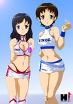  black_hair brown_eyes brown_hair cleavage_cutout enomoto_miyuki enoz halterneck highres long_hair midriff multiple_girls nanashi_noiji non-web_source race_queen short_hair suzumiya_haruhi_no_yuuutsu zaizen_mai 