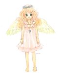  angel bad_id bad_pixiv_id barefoot blonde_hair blue_daisy blue_eyes dress flower jewelry original pendant solo wings 