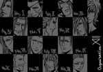  6+boys axel_(kingdom_hearts) demyx everyone eyepatch greyscale hair_over_one_eye kingdom_hearts kingdom_hearts_chain_of_memories kingdom_hearts_ii larxene lexaeus luxord marluxia monochrome multiple_boys organization_xiii roxas saix scar short_hair smile smirk tattoo vexen xaldin xemnas xigbar zexion 