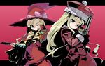  ;) bangs blonde_hair blunt_bangs bow doctor_magus dress drill_hair duplicate gunner hat long_sleeves looking_at_viewer multiple_girls one_eye_closed pink_bow red_background red_dress sekaiju_no_meikyuu simple_background smile twin_drills twintails ume_(datsuryokugen) witch_hat 