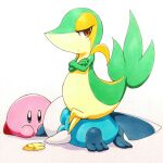 025aki 1:1 2018 3_fingers 3_toes ambiguous_gender anthro blue_eyes blue_feet blush blush_lines brown_eyes clothing crossed_arms crossed_legs crossover embarrassed eyelashes feet feral fingers footwear generation_5_pokemon green_body group hi_res kirby kirby_(series) leaf looking_at_viewer lying marker_(artwork) markings neck_collar nintendo on_front oshawott pink_body pokemon pokemon_(species) raised_tail red_clothing red_footwear red_shoes round_body shaded shell shoes short_legs simple_background sitting sitting_on_another snivy snout tail tan_body toes traditional_media_(artwork) trio white_head yellow_eyelids