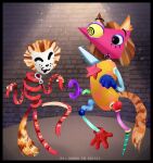 ^w^ absurd_res animate_inanimate bardo_en_krisis black_border border brown_body brown_fur cat_tail cats_(musical) clothing costume duo fabric_creature fur gangle_(tadc) glitch_productions hand_feet hi_res humanoid living_mask living_toy mask multicolored_body multicolored_tail nonbinary_(lore) plane_wings ribbons rope shape_head standing tail the_amazing_digital_circus wings yellow_sclera zooble_(tadc)