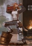 anthro armor beverage beverage_bottle bottle bottomwear brown_hair city city_background claws clothed clothing container digital_media_(artwork) digitigrade drinking eyes_closed female fire footwear fur furred_scalie gloves hair handwear hi_res hilachev kronte pants pouch_(clothing) scalie shirt shoes sickle_claw smile soda soda_bottle solo standing tail tan_body tan_fur tavi_(maaarked_one) text thigh_pouch toe_claws topwear url