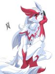 3:4 blaziken blush breasts crouching erect_nipples female generation_3_pokemon hand_on_chin hi_res humanoid hybrid_pokemon looking_at_viewer nahadon nintendo nipples pokemon pokemon_(species) solo white_body zangoose