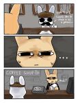 animal_hospital anthro appliance apron barista barney_(animal_hospital) bodily_fluids cashier cleaning clothing coffee_machine coffee_maker coffee_mug coffee_shop comic confuse container cup dialogue duo ellipsis english_text facial_hair golemsnowie hat headgear headwear hi_res intern_(animal_hospital) kitchen_appliance lagomorph leporid male mammal mustache photo rabbit roblox store sweat tear_trough text