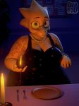 3:4 3d_(artwork) alcohol alphys anthro arm_jewelry avet3d beverage blender_(artwork) blue_eyes breasts buckteeth candle cleavage clothed clothing container cup cutlery digital_media_(artwork) diner dress drinking_glass eyewear female fork glass glass_container glass_cup glasses head_spikes hi_res jewelry kitchen_utensils knife mood_lighting necklace pegboard plate restaurant scales slightly_chubby solo spikes spikes_(anatomy) teeth tools undertale_(series) wearing_glasses wine wine_glass yellow_body
