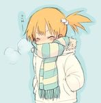  artist_request blush breath closed_eyes coat cold gym_leader kasumi_(pokemon) lowres orange_hair pokemon scarf short_hair side_ponytail solo striped striped_scarf translated 