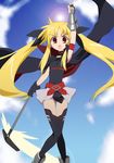  bardiche cape energy_blade fate_testarossa kusaka_souji long_hair lyrical_nanoha mahou_shoujo_lyrical_nanoha scythe solo thighhighs twintails zettai_ryouiki 