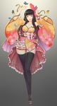  black_hair bow breasts bug butterfly cleavage gradient_hair hair_bow highres insect japanese_clothes kimono large_breasts long_hair lucknight multicolored_hair obi original panties pink_hair red_eyes sandals sash short_kimono snake solo thigh_gap thighhighs underwear wide_hips 
