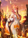  acid_g bad_id bad_pixiv_id bracelet breasts circlet cloud dress fire flame highres hips jewelry long_hair magic medium_breasts no_panties orange_eyes original parted_lips red_hair sideboob sidelocks sky solo thighhighs 