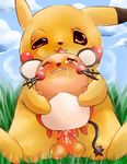  ambiguous_gender balls barefoot brown_eyes brown_nose clenched_teeth cloud crying cute dedenne drooling erection feral feral_on_feral grass half-closed_eyes happy long_ears looking_at_viewer male mammal mouse nintendo nude on_top one_eye_closed orange_penis outside penis pikachu plant pok&#233;mon pok&eacute;mon reverse_cowgirl_position rodent saliva sex shadow shiny sitting size_difference sky smile spread_legs spreading tears teeth tongue tongue_out unknown_artist video_games whiskers young 