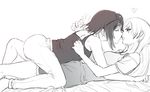  2girls bare_shoulders bed_sheet closed_eyes clothes_grab eyes_closed funblade hair_pull heart incipient_kiss long_hair lying monochrome multiple_girls pajamas profile ruby_rose rwby scar short_hair tsundere weiss_schnee yuri 