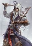  assassin's_creed_(series) assassin's_creed_iii blade bow_(weapon) connor_kenway gloves hood male_focus quiver sash solo tomahawk virus-ac74 weapon 