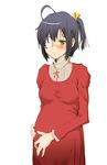  ahoge bad_id bad_pixiv_id bangs black_hair blush chuunibyou_demo_koi_ga_shitai! dress eyepatch green_eyes hair_ribbon half-closed_eyes hands_on_own_stomach highres long_sleeves one_side_up pregnant red_dress ribbon short_hair simple_background solo takanashi_rikka tamaoki_benkyou white_background yellow_ribbon 