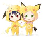  1girl :&lt; :3 bad_id bad_pixiv_id black_hair blush chibi cosplay electricity gen_1_pokemon gen_2_pokemon green_eyes haruno_sakura heart hitsukuya holding_hands naruto naruto_(series) open_mouth pichu pichu_(cosplay) pikachu pikachu_(cosplay) pink_hair pokemon red_eyes short_hair smile uchiha_sasuke 