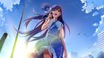  backlighting bare_arms belt brown_eyes cityscape cloud day dress from_below grisaia_(series) grisaia_no_kajitsu highres long_hair megaphone open_mouth purple_hair sakaki_yumiko sky solo sunlight watanabe_akio wind wind_lift 