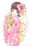  1girl aqua_ribbon bangs boar brown_eyes brown_hair carrying chinese_zodiac commentary_request earrings eyebrows_visible_through_hair floral_background flower furisode hair_bun hair_flower hair_ornament hair_ribbon japanese_clothes jewelry kanzashi kimono kon_hoshiro long_sleeves looking_at_viewer new_year obi original pink_kimono pink_ribbon red_flower ribbon sash short_hair sidelocks solo standing striped striped_kimono twitter_username white_background wide_sleeves yellow_ribbon 