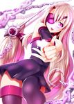  chain collar cosplay dekapoi eyepatch fate/kaleid_liner_prisma_illya fate_(series) heart highres illyasviel_von_einzbern long_hair open_mouth pointing purple_eyes rider rider_(cosplay) solo square_pupils thighhighs very_long_hair white_hair 