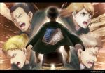  4boys auruo_bossard black_hair blonde_hair brown_hair cape emblem erd_gin eren_yeager from_behind gunter_shulz insignia levi_(shingeki_no_kyojin) multiple_boys paradis_military_uniform petra_ral shingeki_no_kyojin shiroyasha survey_corps_(emblem) 