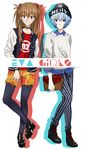  ayanami_rei bag beanie blue_eyes blue_hair choker fashion handbag hat jacket letterman_jacket long_hair multiple_girls neon_genesis_evangelion orange_hair pantyhose red_eyes ryuukin short_hair shorts souryuu_asuka_langley striped sweater vertical_stripes 