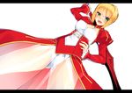  absurdres aestus_estus ahoge bad_id bad_pixiv_id blonde_hair breasts cleavage dress epaulettes fate/extra fate_(series) green_eyes highres kuromimi medium_breasts nero_claudius_(fate) nero_claudius_(fate)_(all) red_dress see-through solo sword weapon 