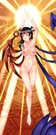  aoshima arms_up asymmetrical_wings barefoot black_hair breasts closed_eyes floating full_body grin highres houjuu_nue large_breasts legs_together light_beam navel nipples nude pussy smile solo touhou wings 