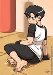  ass barefoot black_hair blue_eyes blush bukkake capri_pants cum cum_on_body cum_on_lower_body dragon_ball dragon_ball_z feet fingerless_gloves gloves noise_tanker pants shirt short_hair soles solo sweatdrop t-shirt tomboy videl watermark web_address 