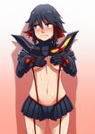  black_hair blue_eyes blush breasts covering covering_breasts elbow_gloves embarrassed gloves hairpods kill_la_kill looking_away matoi_ryuuko medium_breasts midriff miniskirt multicolored_hair navel red_hair revealing_clothes senketsu short_hair skirt solo soujun suspenders two-tone_hair underboob 