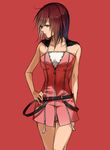  belt blue_eyes brown_hair collarbone hand_on_hip inlila kairi_(kingdom_hearts) kingdom_hearts kingdom_hearts_ii red_background simple_background solo 