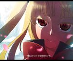  bangs blazblue blonde_hair bow bowtie close-up closed_mouth colored_eyelashes face hesocha letterboxed long_hair looking_at_viewer petals rachel_alucard red_bow red_eyes red_neckwear shade smile solo text_focus twintails 