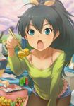  aqua_eyes bag black_hair bow bra breasts can cherry_blossoms chopsticks cleavage don_michael fang feeding food ganaha_hibiki hair_bow highres idolmaster idolmaster_(classic) medium_breasts open_mouth picnic pov_feeding skirt soda_can solo sushi tempura tomato tree underwear 