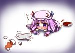  3: blush book chibi crescent cup dress fallen_down hat hestia_(neko_itachi) long_hair lying mukyuu on_stomach patchouli_knowledge purple_eyes purple_hair ribbon solo spill tea teacup teapot tears touhou translated tray 